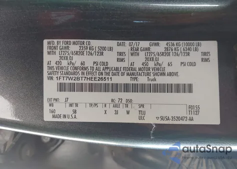 2017 Ford F-250 Lariat из США, поврежденный, VIN 1FT7W2BT7HEE26511